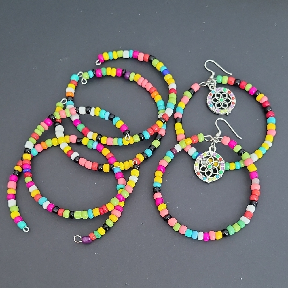Colorful Beaded Hoop Earrings and Stackable Bracelets Set